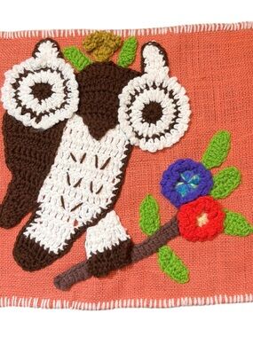 Hand Crafted Coral Panel with Brown and Cream Owl Pillow Case/ Wall Art